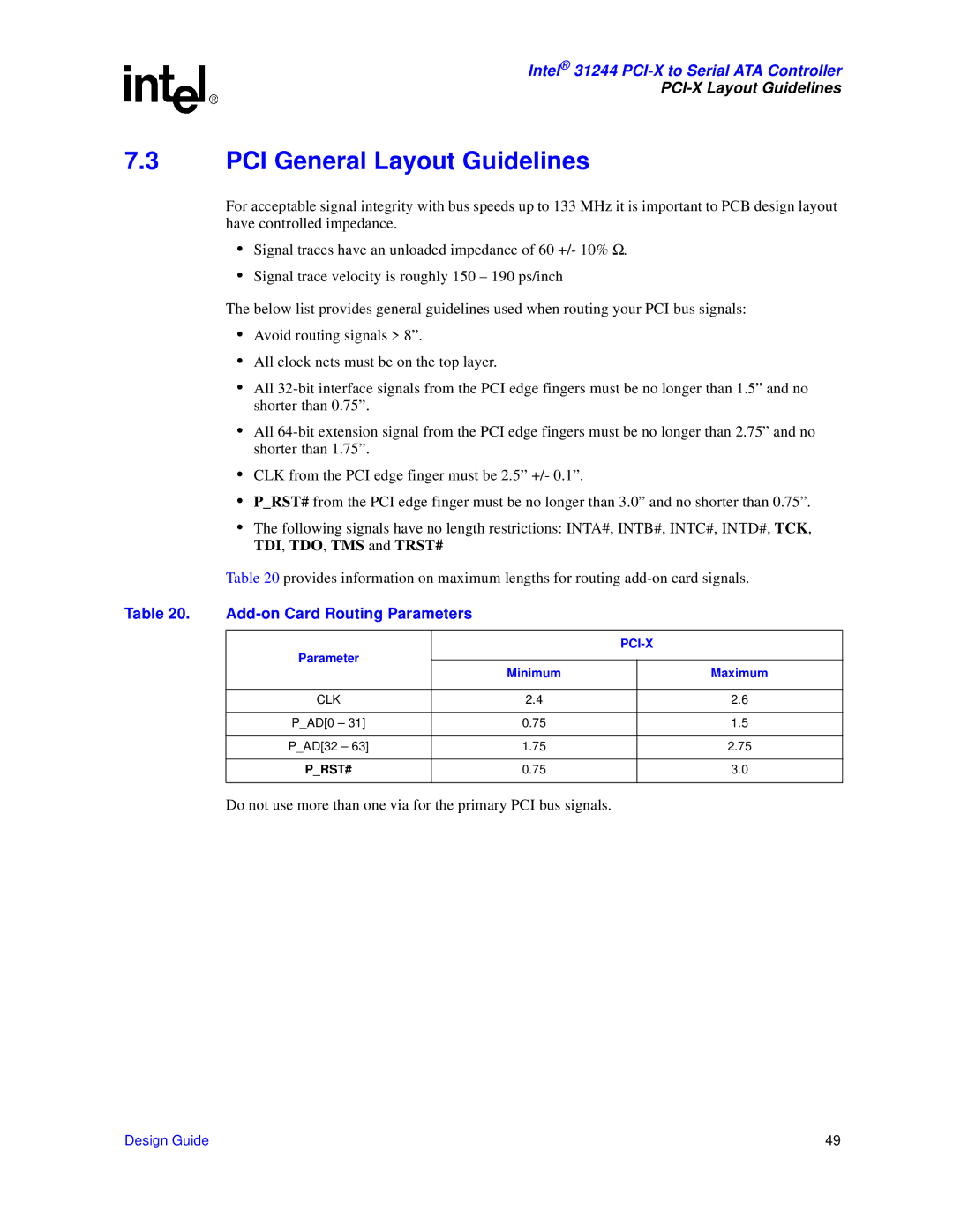 Intel 31244 PCI-X manual PCI General Layout Guidelines, Add-on Card Routing Parameters, Minimum Maximum, Clk 