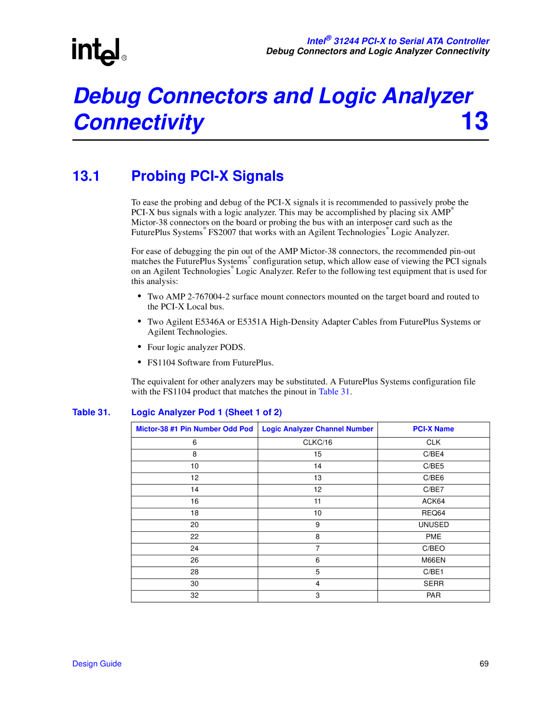 Intel 31244 PCI-X Debug Connectors and Logic Analyzer Connectivity13, Probing PCI-X Signals, Logic Analyzer Pod 1 Sheet 1 