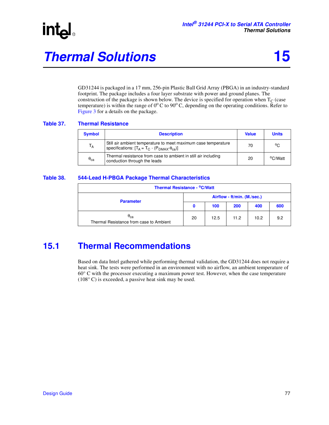 Intel 31244 PCI-X manual Thermal Solutions, Thermal Recommendations, Thermal Resistance 