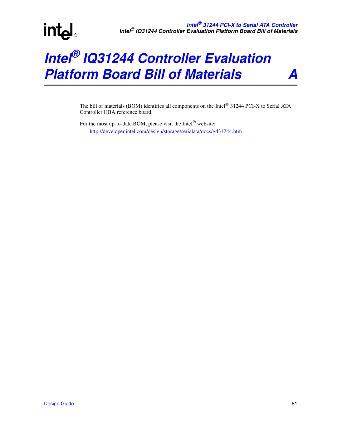 Intel manual Intel 31244 PCI-X to Serial ATA Controller 