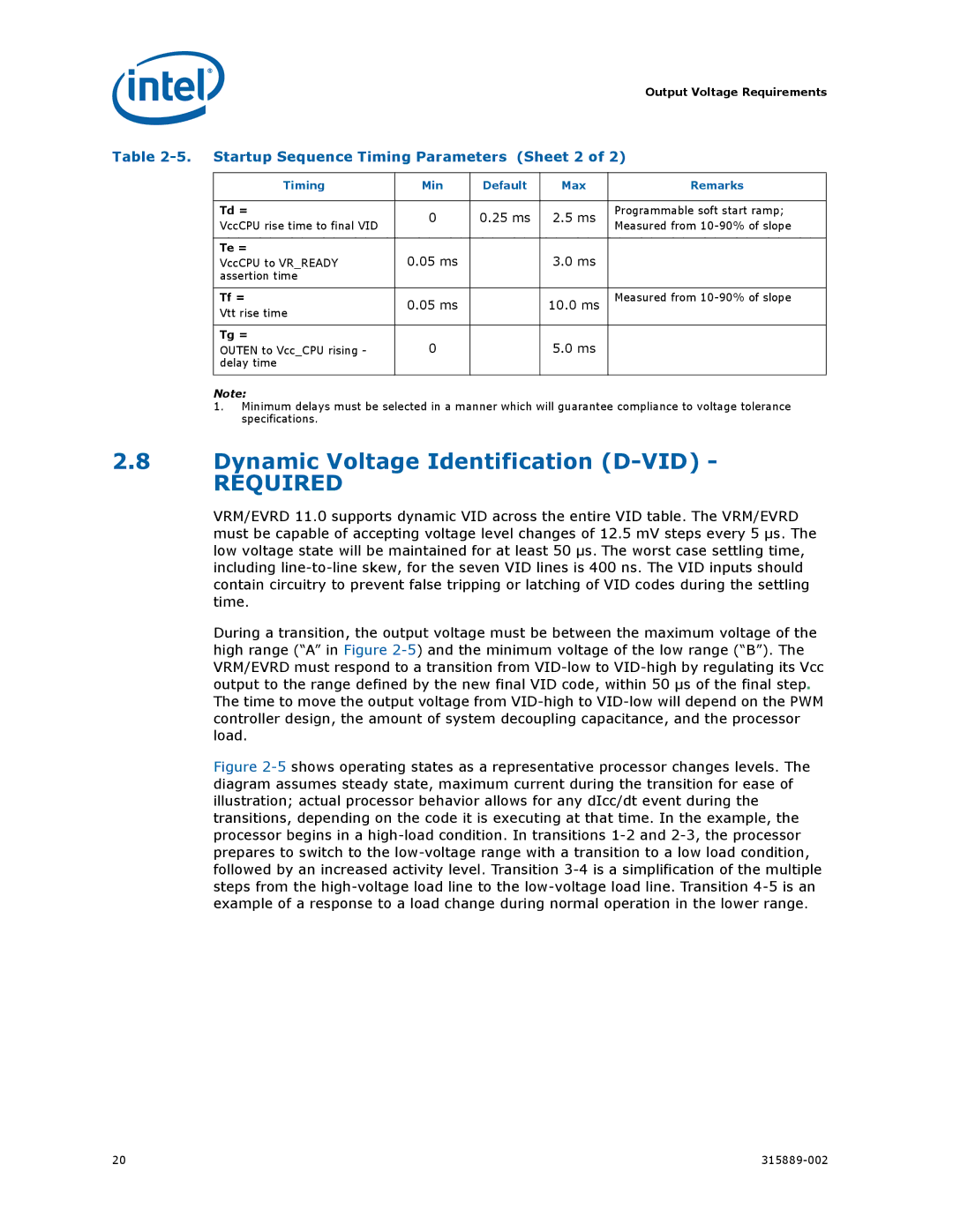 Intel 315889-002 manual Dynamic Voltage Identification D-VID, Startup Sequence Timing Parameters Sheet 2 