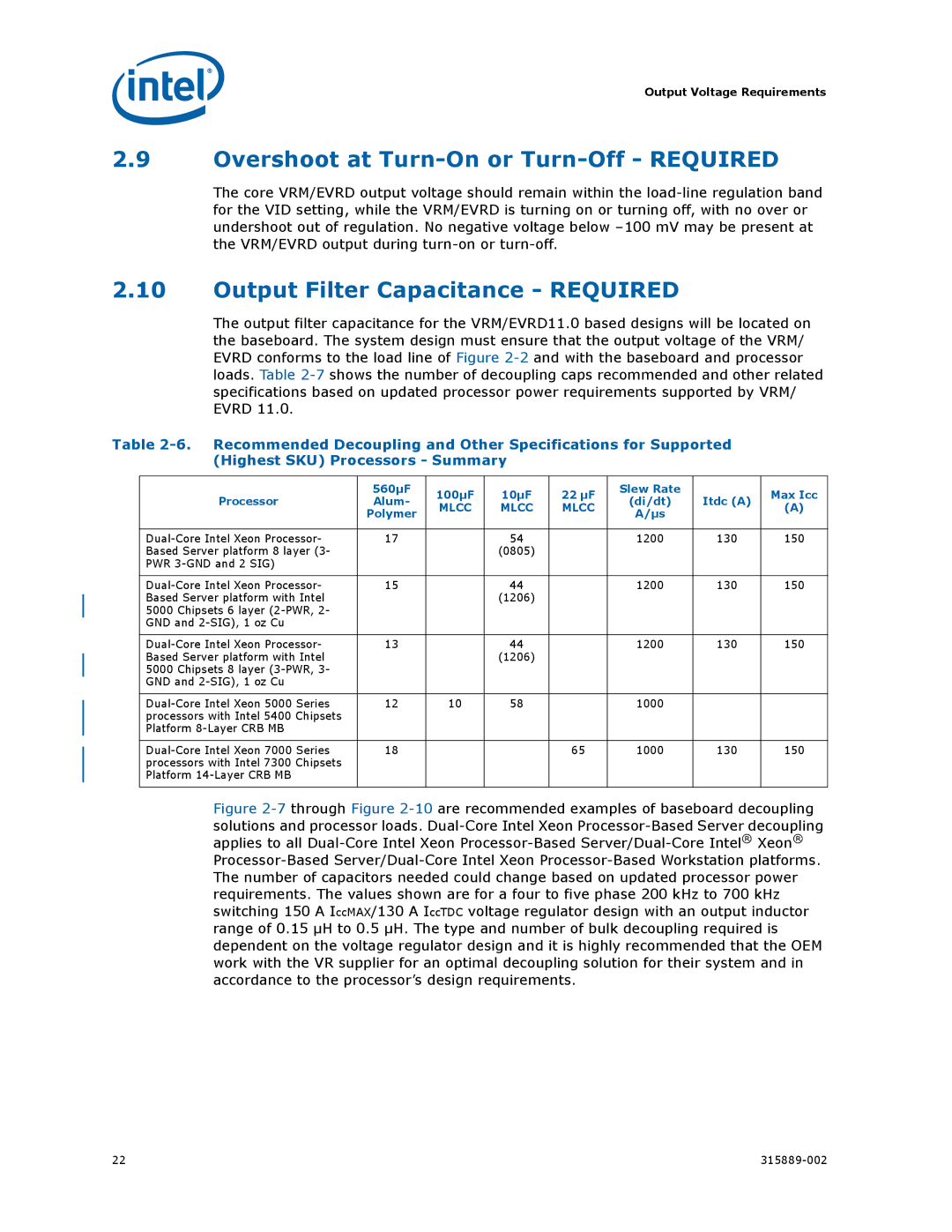 Intel 315889-002 manual Overshoot at Turn-On or Turn-Off Required, Output Filter Capacitance Required, Polymer 