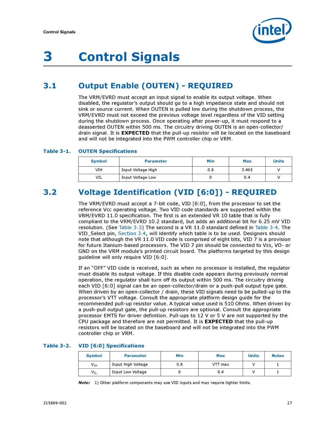 Intel 315889-002 manual Control Signals, Output Enable Outen Required, Voltage Identification VID 60 Required 