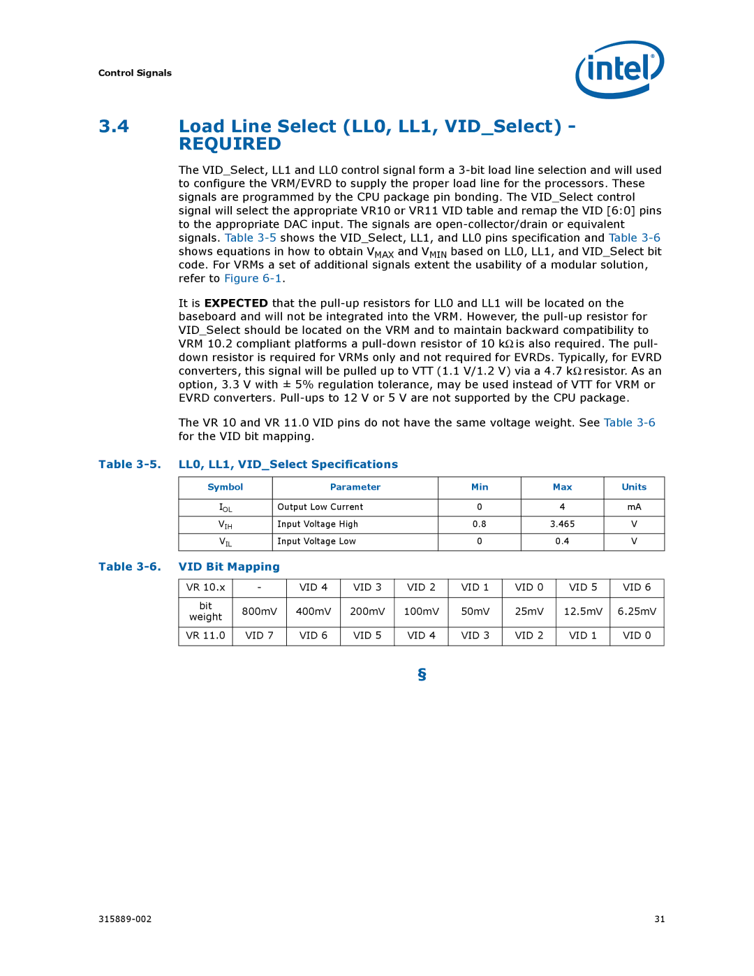 Intel 315889-002 manual Load Line Select LL0, LL1, VIDSelect, LL0, LL1, VIDSelect Specifications, VID Bit Mapping 