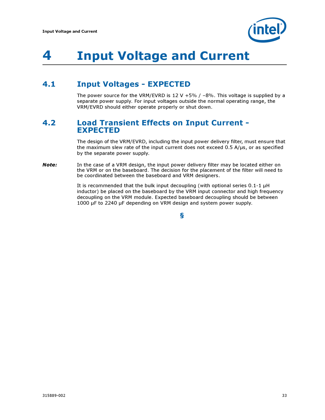 Intel 315889-002 manual Input Voltage and Current, Input Voltages Expected, Load Transient Effects on Input Current 