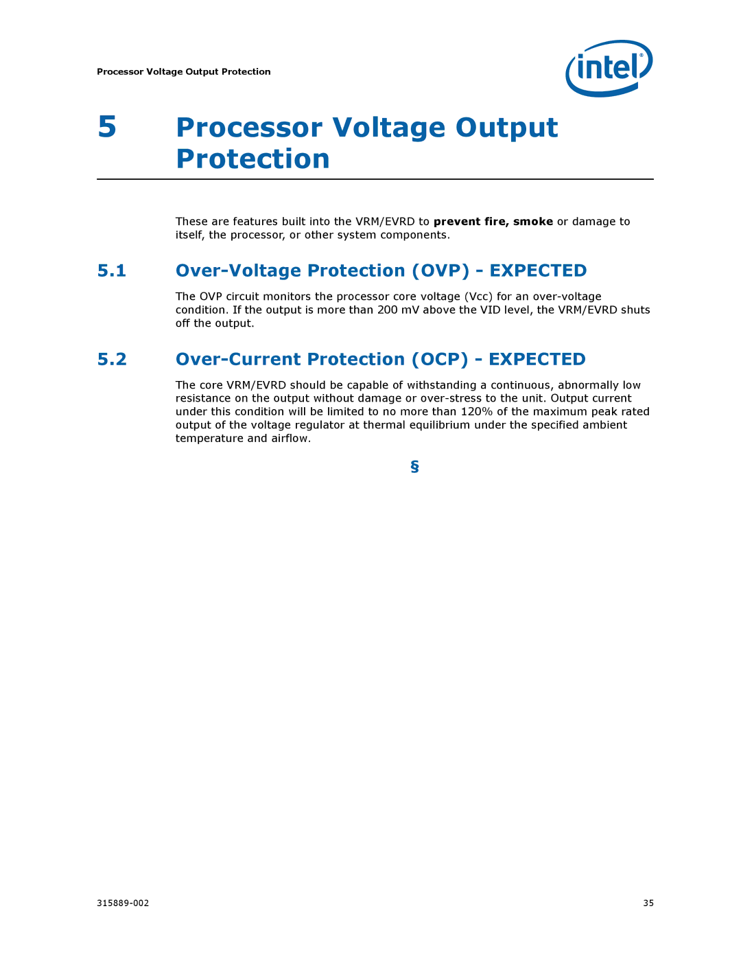 Intel 315889-002 manual Processor Voltage Output Protection, Over-Voltage Protection OVP Expected 