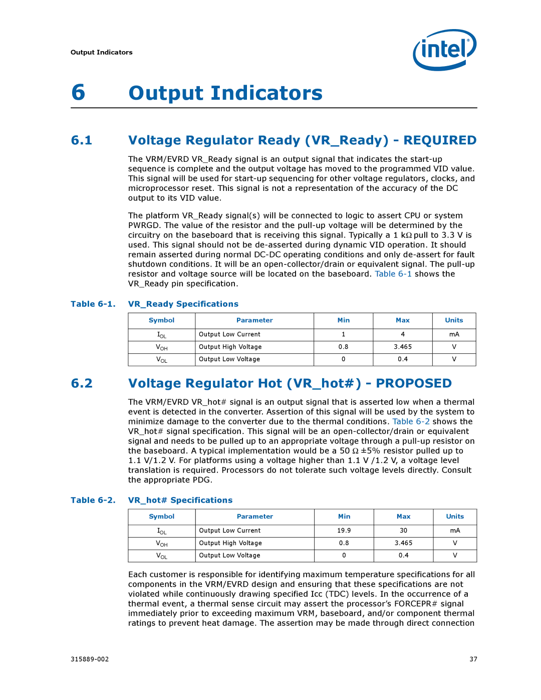 Intel 315889-002 manual Output Indicators, Voltage Regulator Ready VRReady Required, Voltage Regulator Hot VRhot# Proposed 
