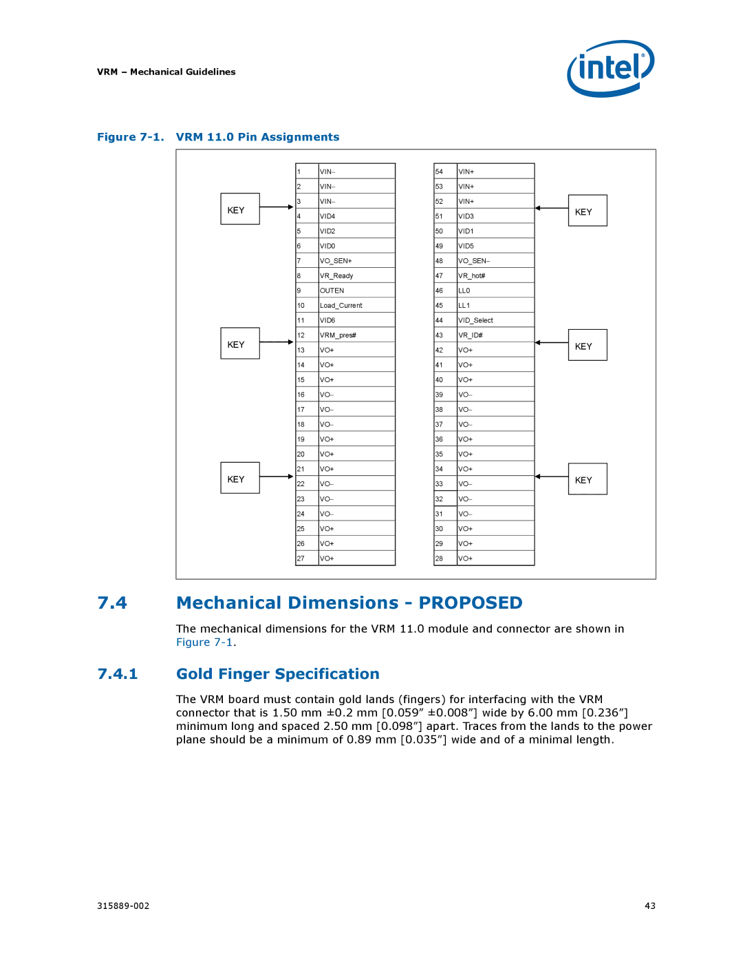 Intel 315889-002 manual Mechanical Dimensions Proposed, VRM 11.0 Pin Assignments 