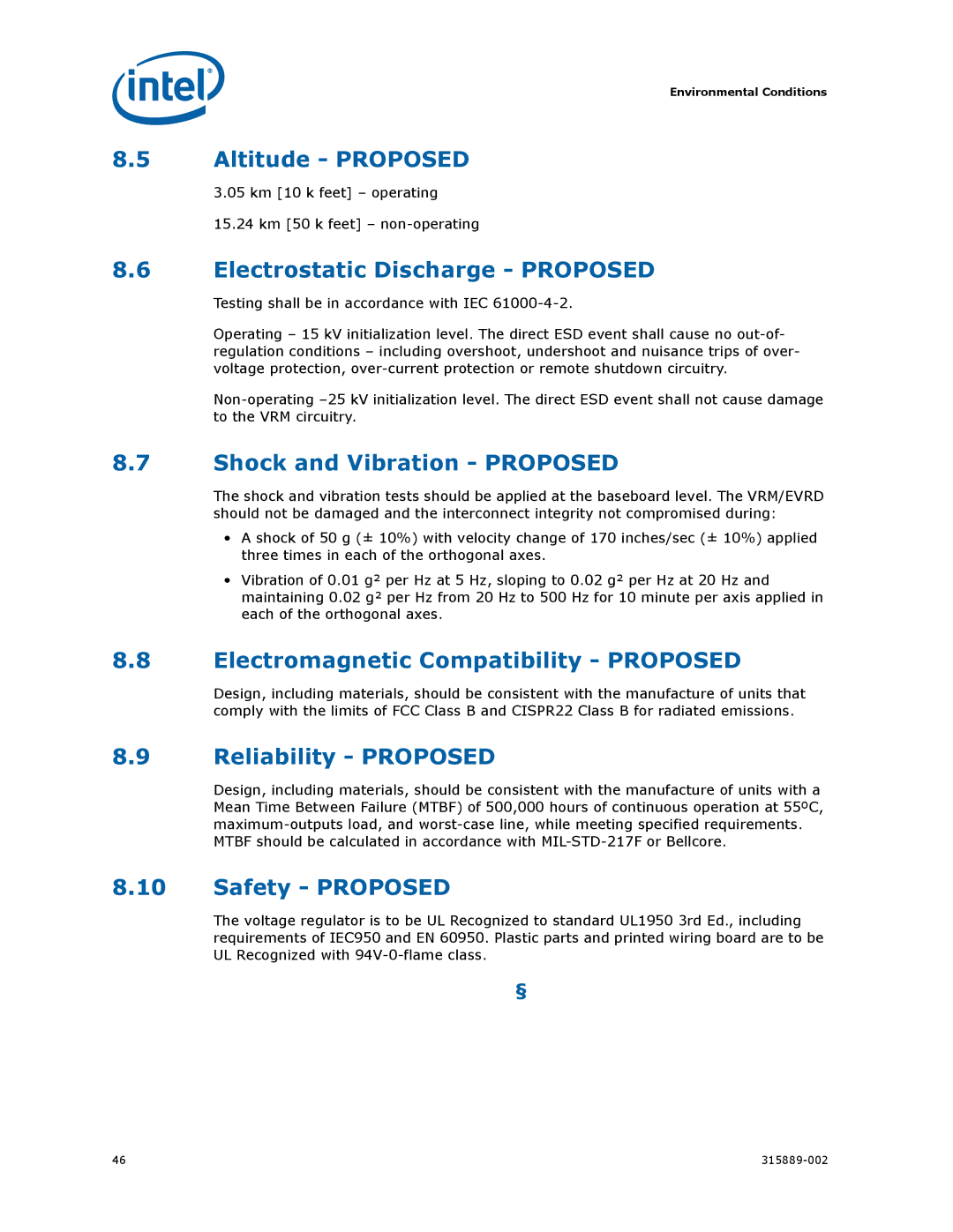 Intel 315889-002 Altitude Proposed, Electrostatic Discharge Proposed, Shock and Vibration Proposed, Reliability Proposed 