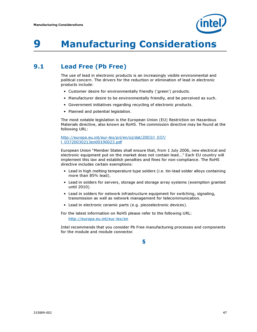 Intel 315889-002 manual Manufacturing Considerations, Lead Free Pb Free 