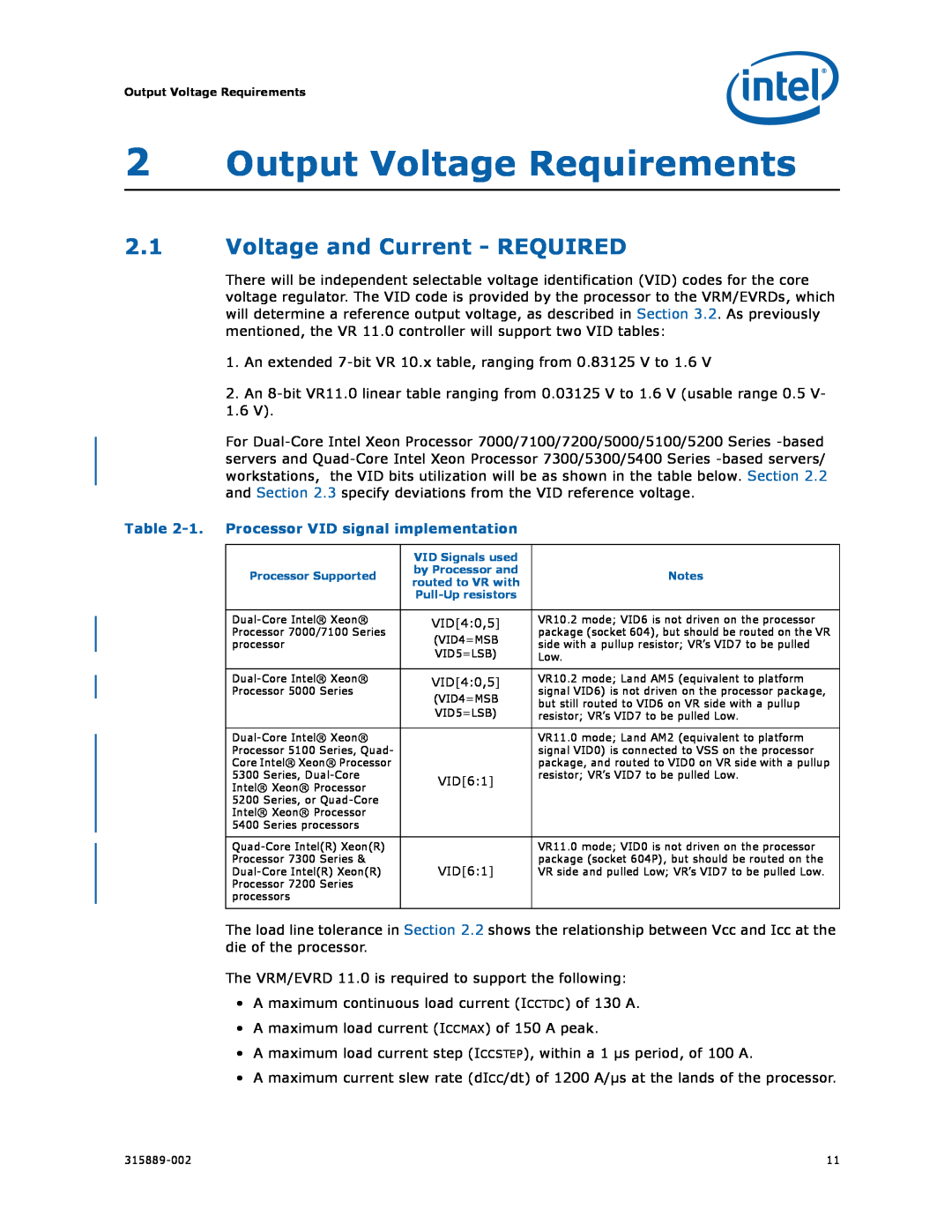 Intel 315889-002 manual 2Output Voltage Requirements, 2.1Voltage and Current - REQUIRED 