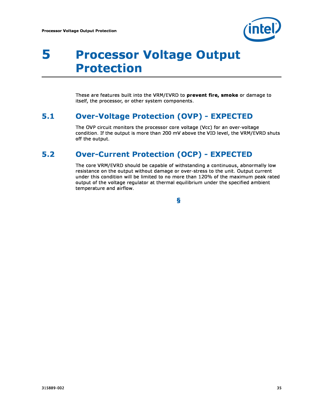 Intel 315889-002 manual 5Processor Voltage Output Protection, 5.1Over-VoltageProtection OVP - EXPECTED 