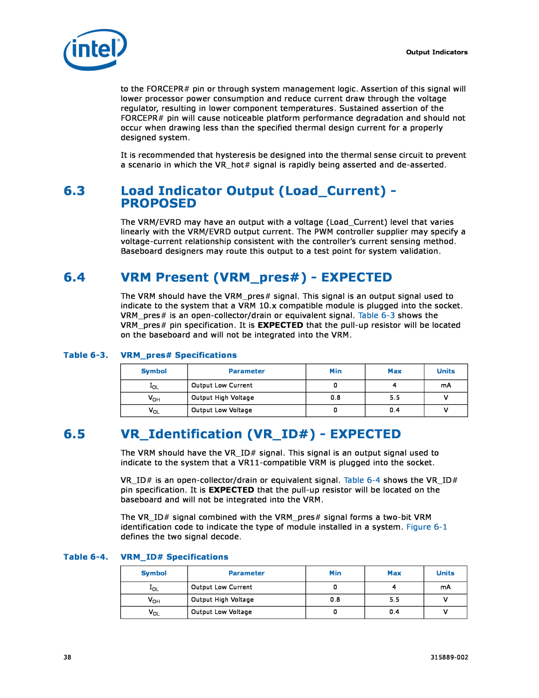 Intel 315889-002 manual 6.3Load Indicator Output Load Current PROPOSED, 6.4VRM Present VRM pres# - EXPECTED 