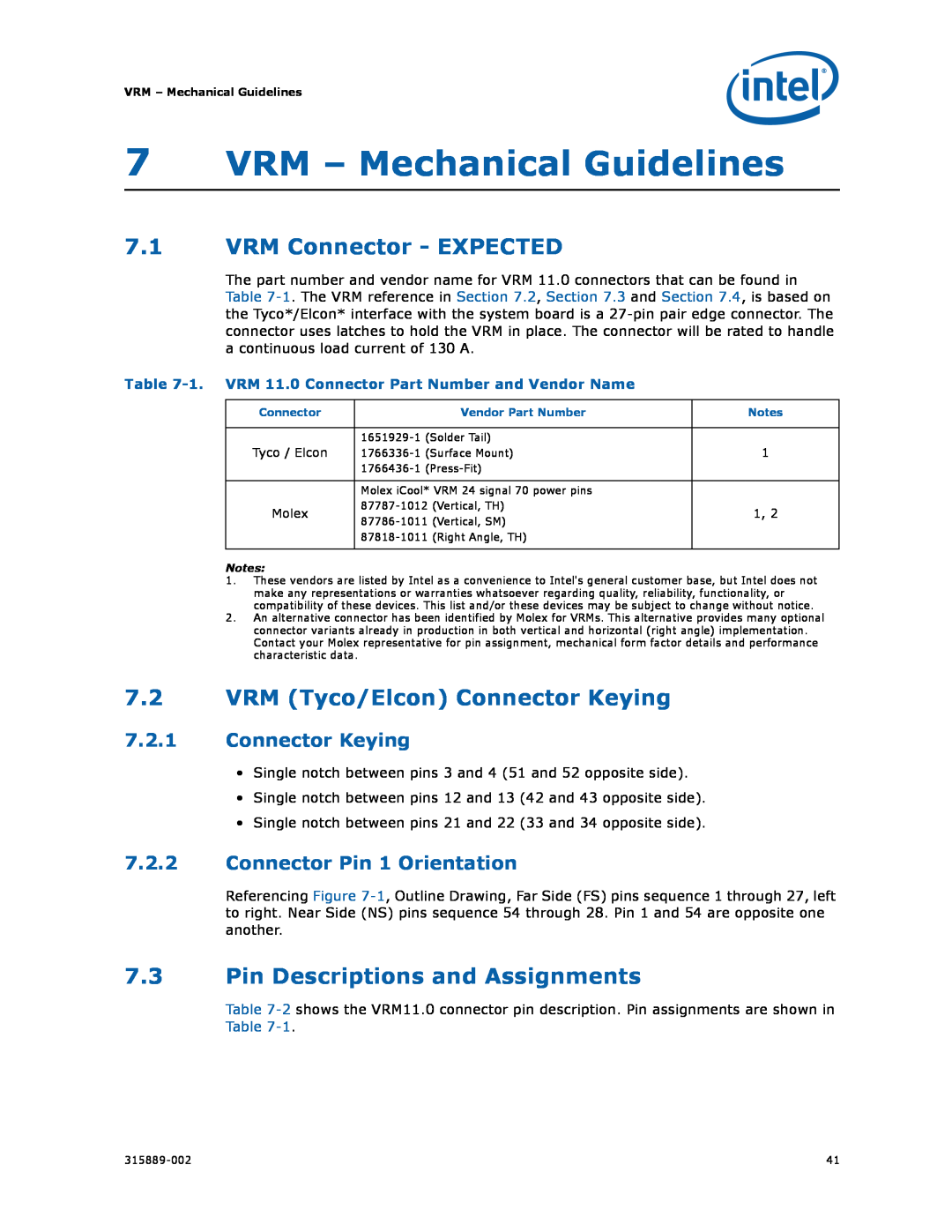 Intel 315889-002 manual 7VRM - Mechanical Guidelines, 7.1VRM Connector - EXPECTED, 7.2VRM Tyco/Elcon Connector Keying 