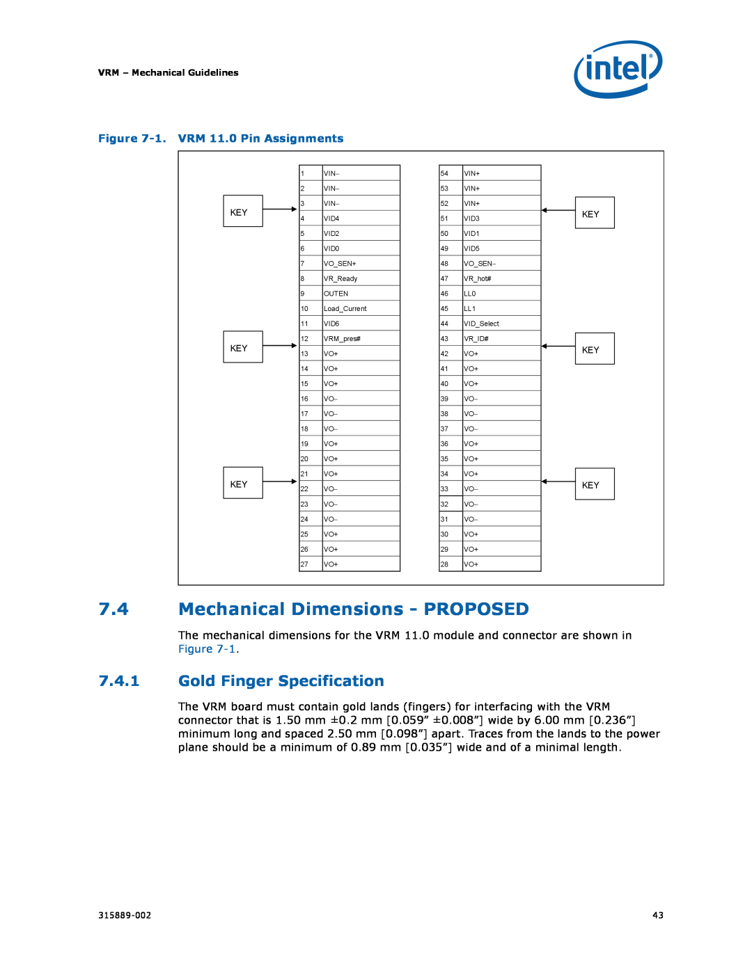 Intel 315889-002 manual 7.4Mechanical Dimensions - PROPOSED, 7.4.1Gold Finger Specification 