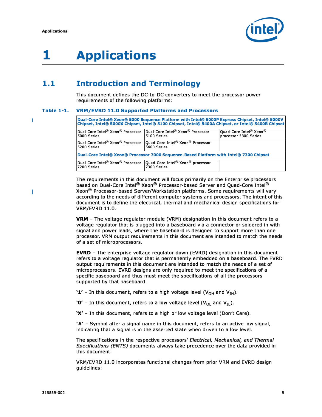 Intel 315889-002 manual 1Applications, 1.1Introduction and Terminology 