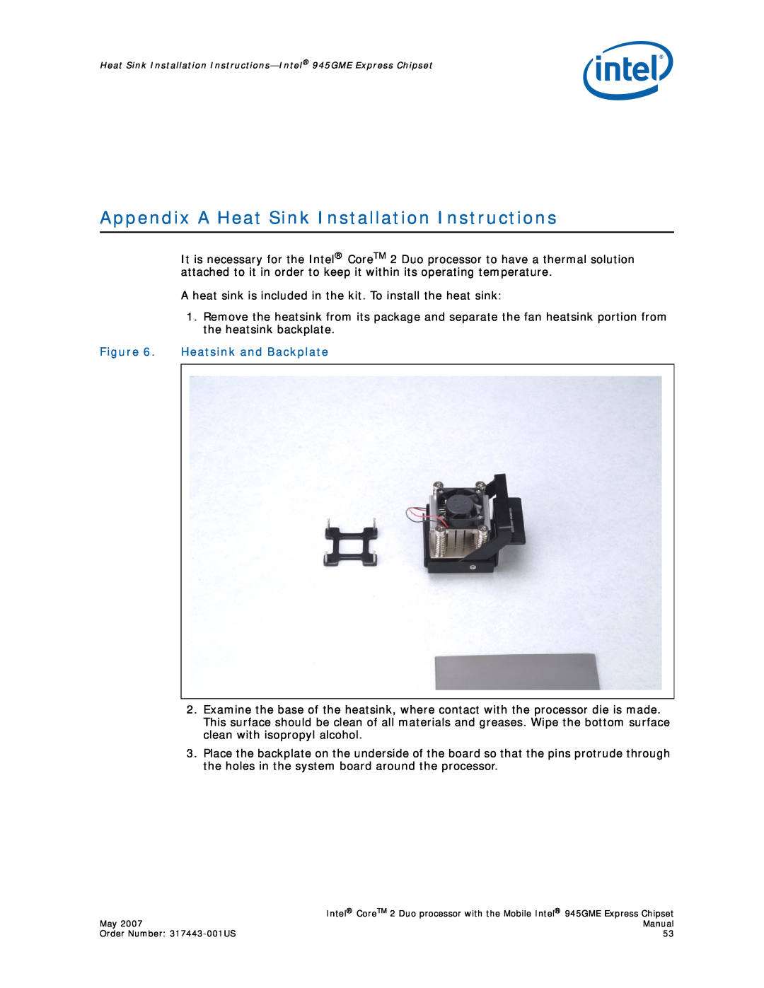 Intel 317443-001US user manual Appendix A Heat Sink Installation Instructions, Heatsink and Backplate 