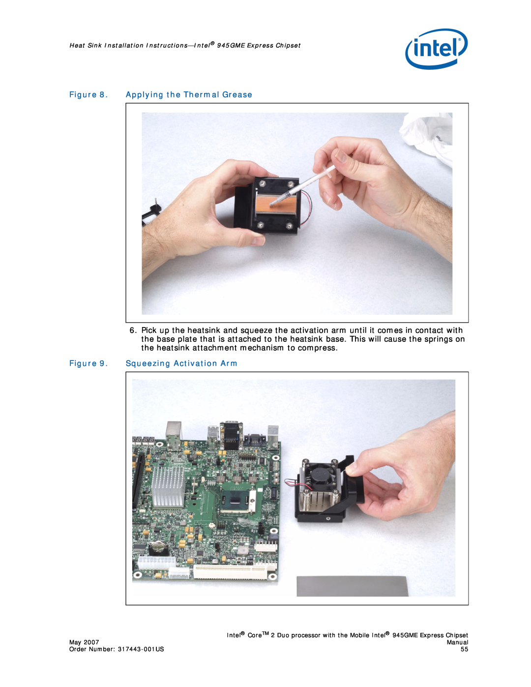 Intel 317443-001US user manual Applying the Thermal Grease, Squeezing Activation Arm 