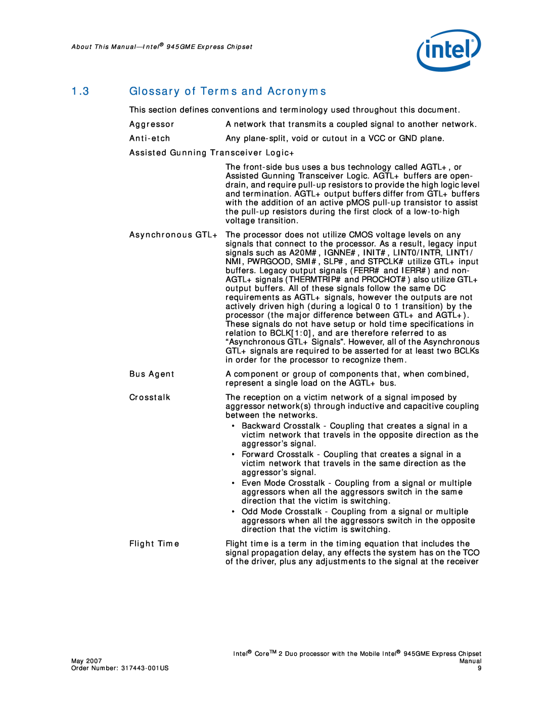 Intel 317443-001US Glossary of Terms and Acronyms, Aggressor, Anti-etch, Assisted Gunning Transceiver Logic+, Bus Agent 