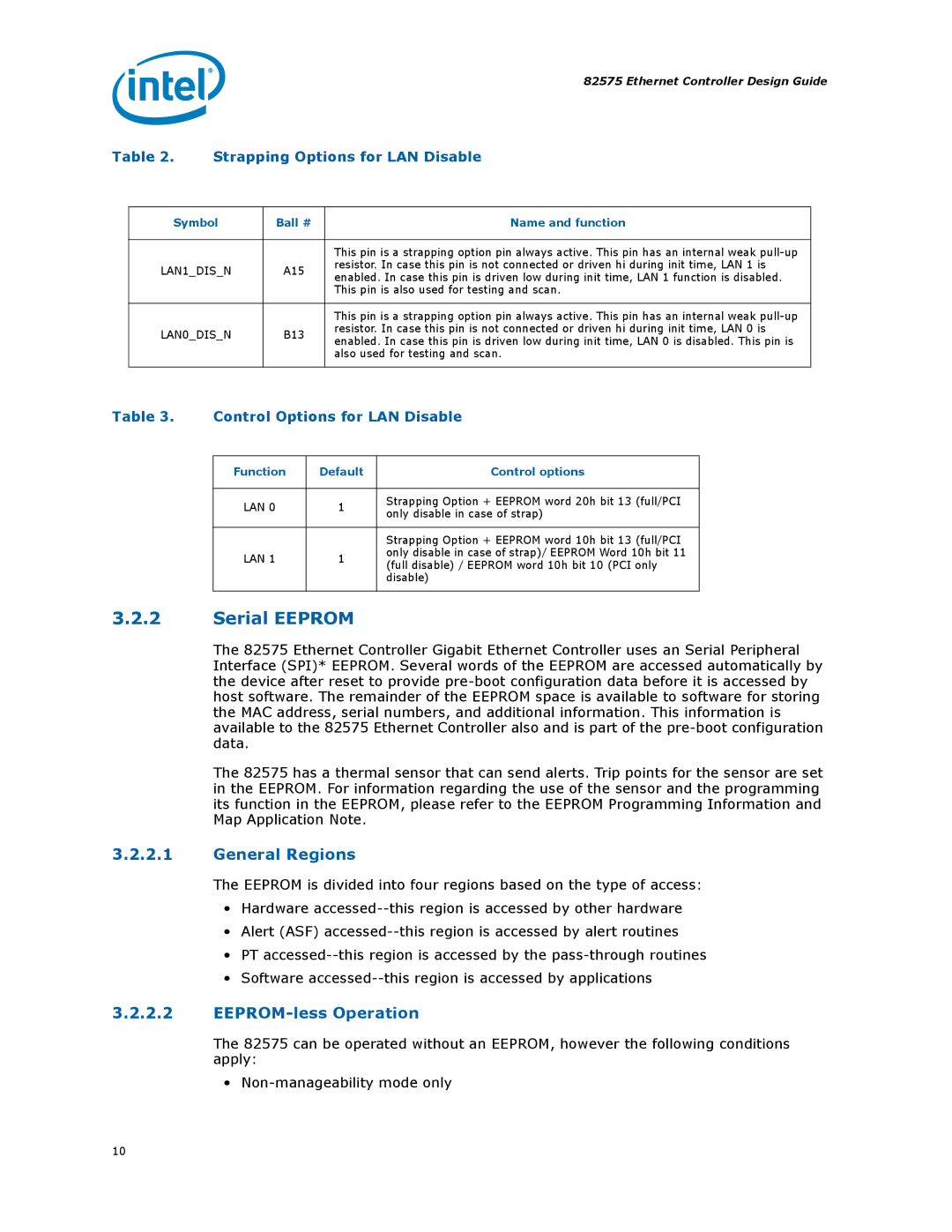 Intel 317698-001 manual Serial Eeprom, General Regions, EEPROM-less Operation, Symbol Ball # Name and function 