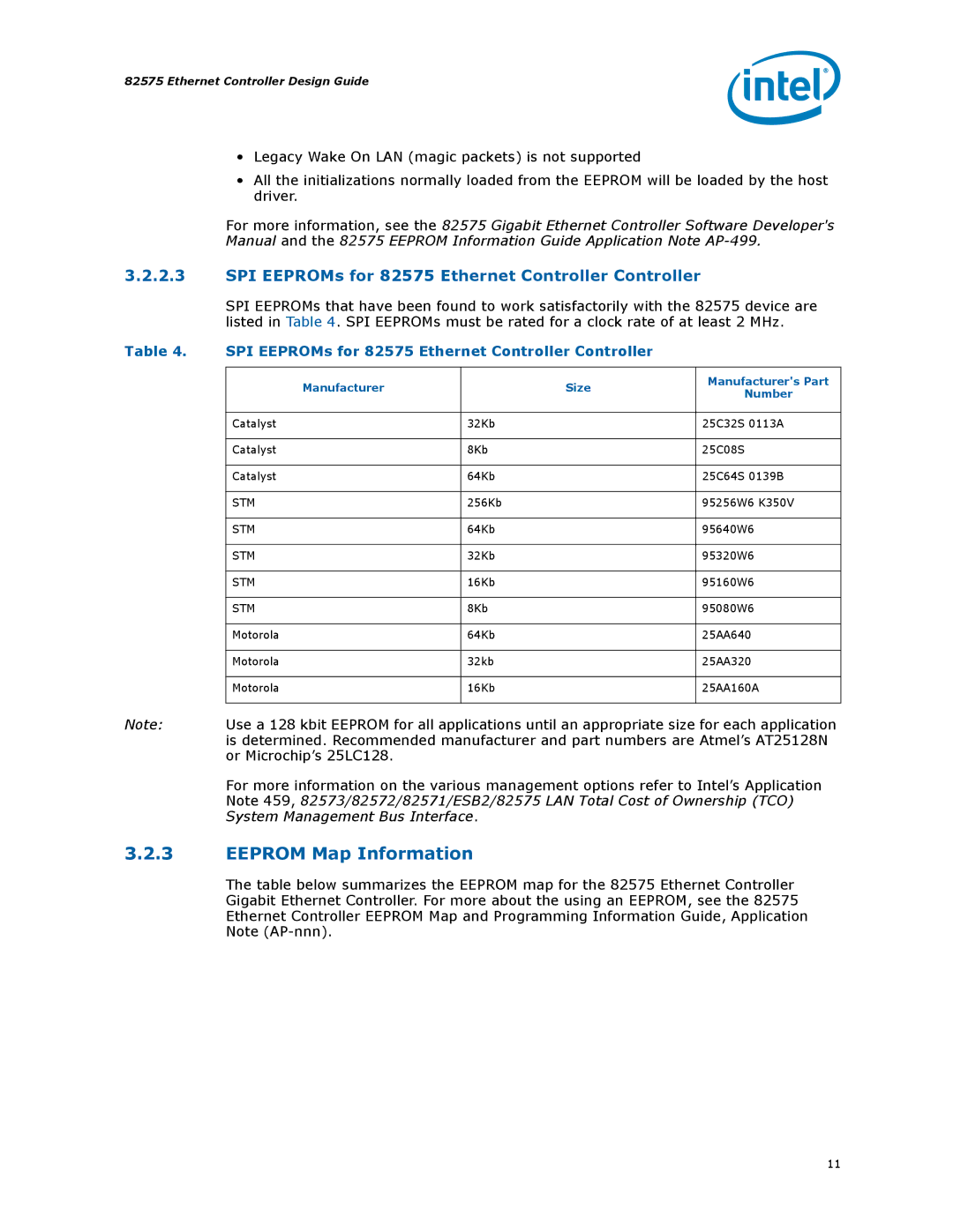 Intel 317698-001 manual Eeprom Map Information, SPI EEPROMs for 82575 Ethernet Controller Controller 