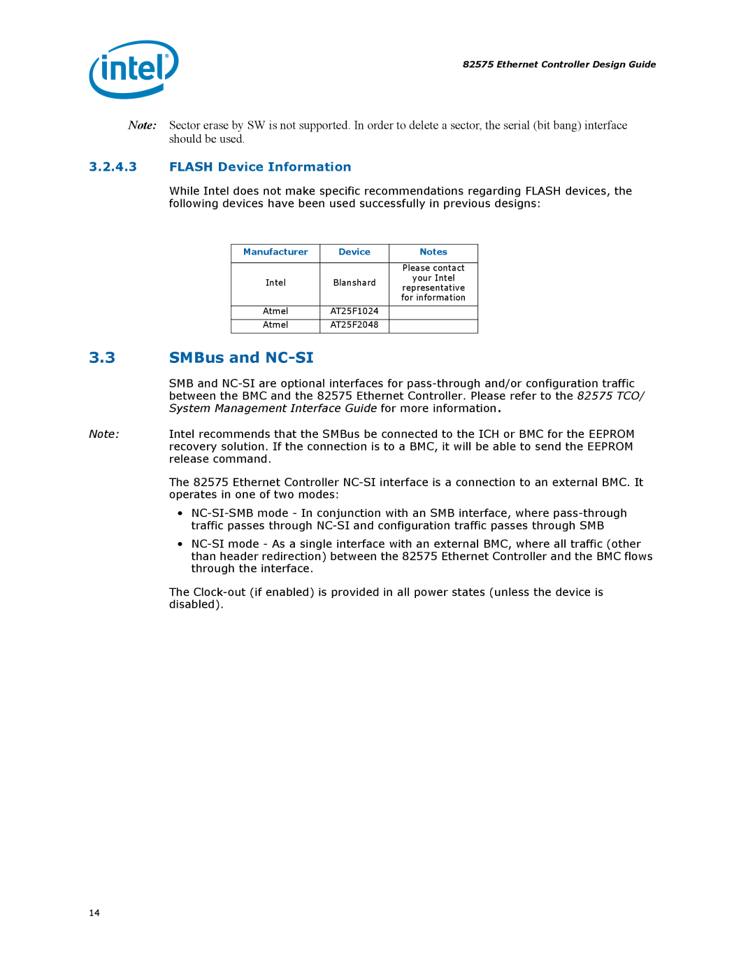 Intel 317698-001 manual SMBus and NC-SI, Flash Device Information, Manufacturer Device 