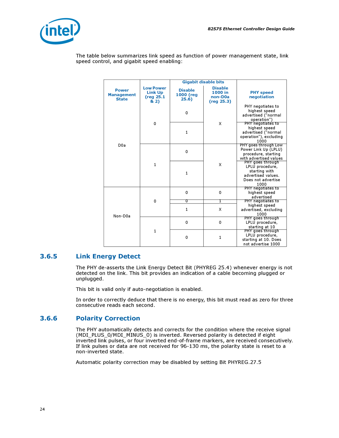 Intel 317698-001 manual Link Energy Detect, Polarity Correction, 25.6 Reg 