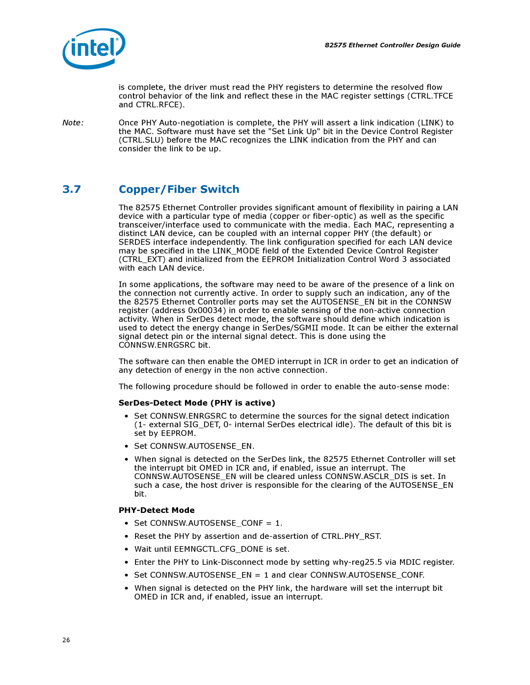 Intel 317698-001 manual Copper/Fiber Switch, SerDes-Detect Mode PHY is active 