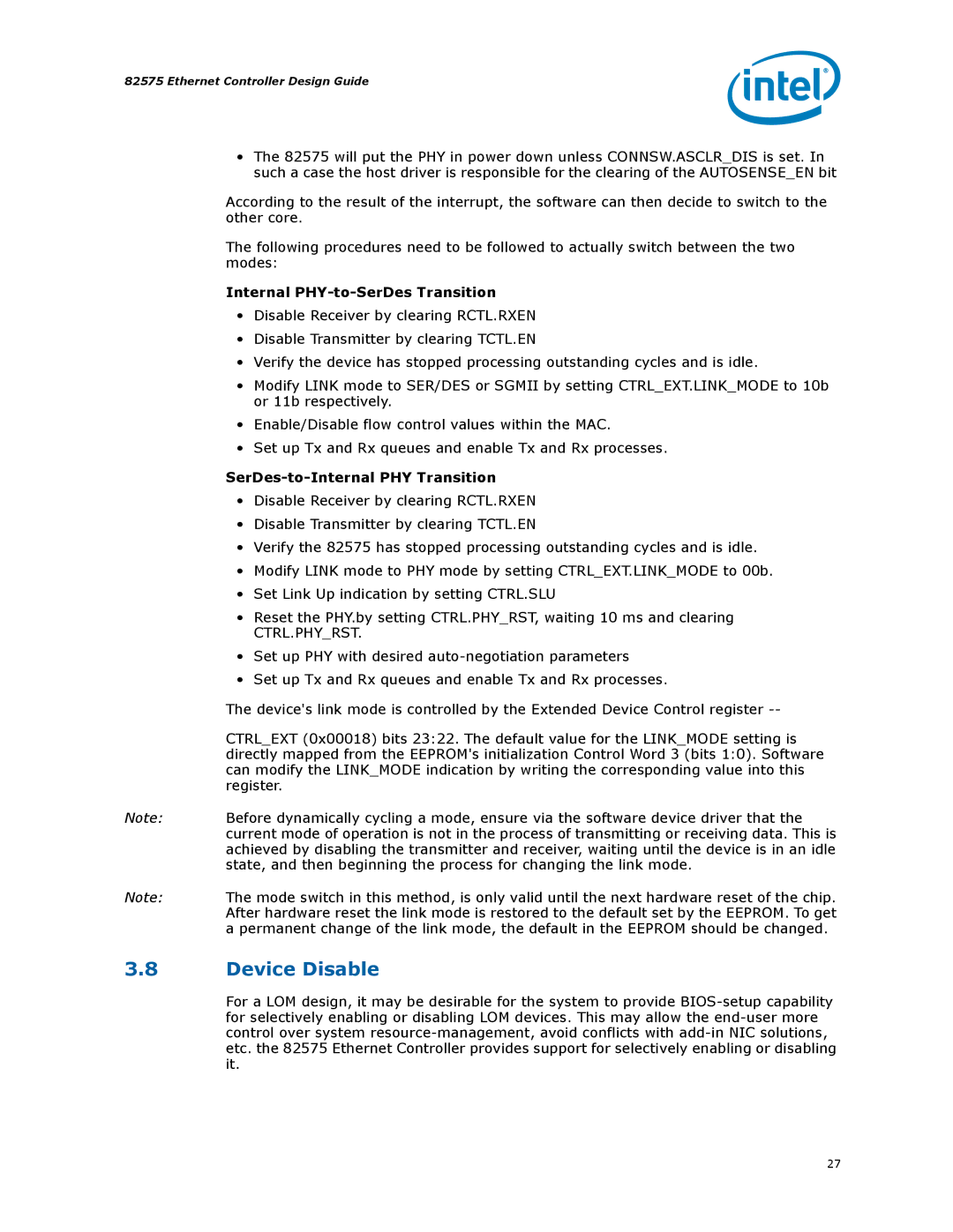 Intel 317698-001 manual Device Disable, Internal PHY-to-SerDes Transition 