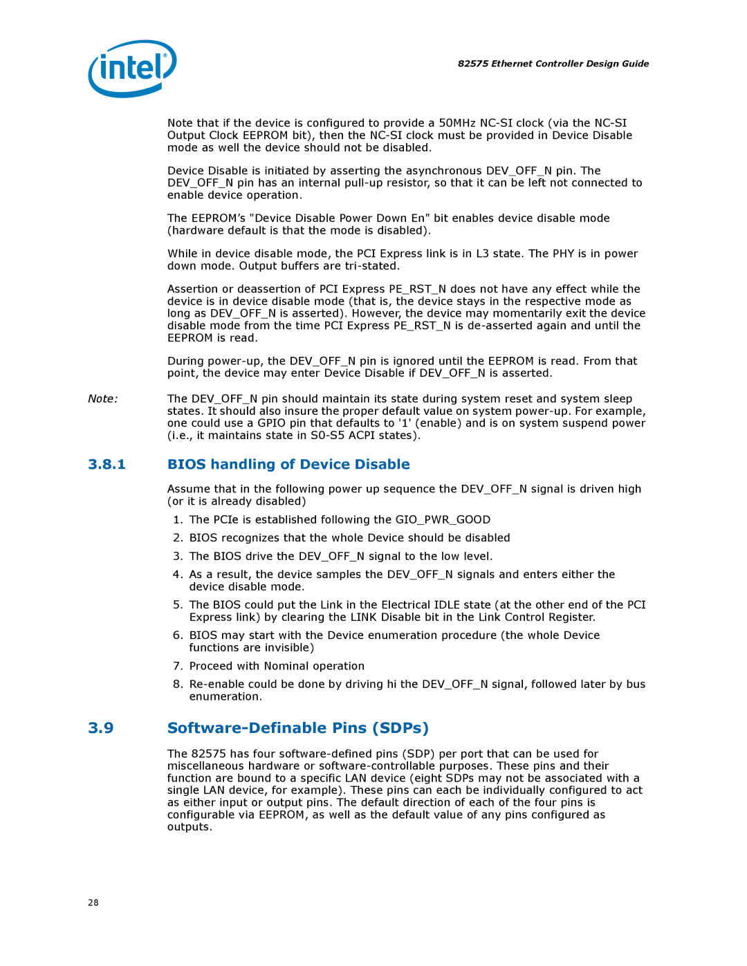 Intel 317698-001 manual Software-Definable Pins SDPs, Bios handling of Device Disable 