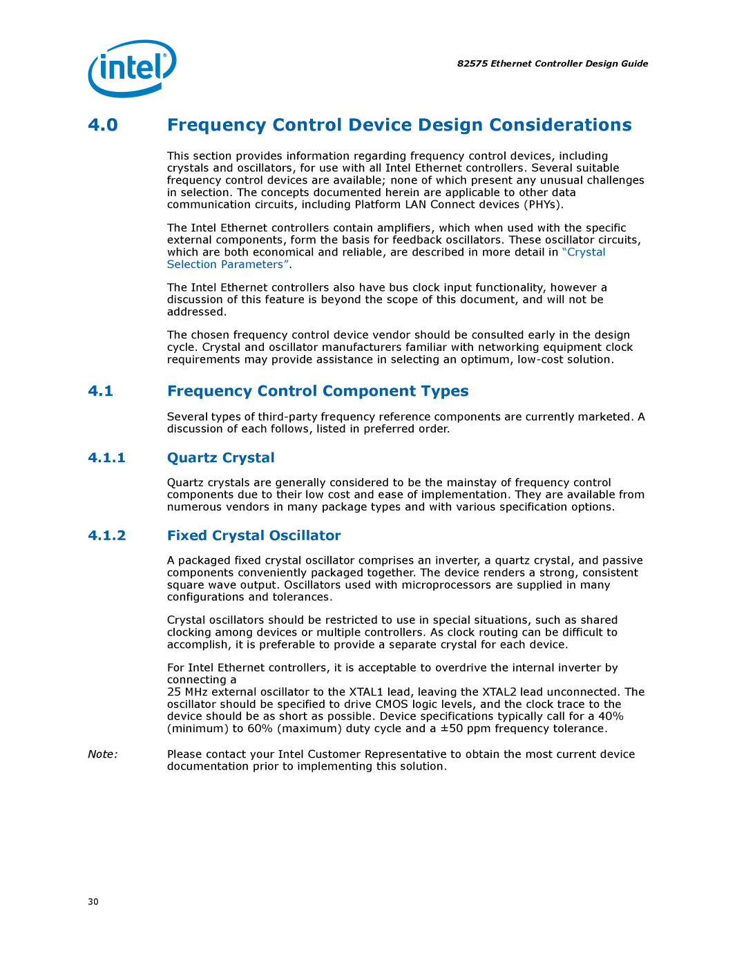 Intel 317698-001 manual Frequency Control Device Design Considerations, Frequency Control Component Types, Quartz Crystal 