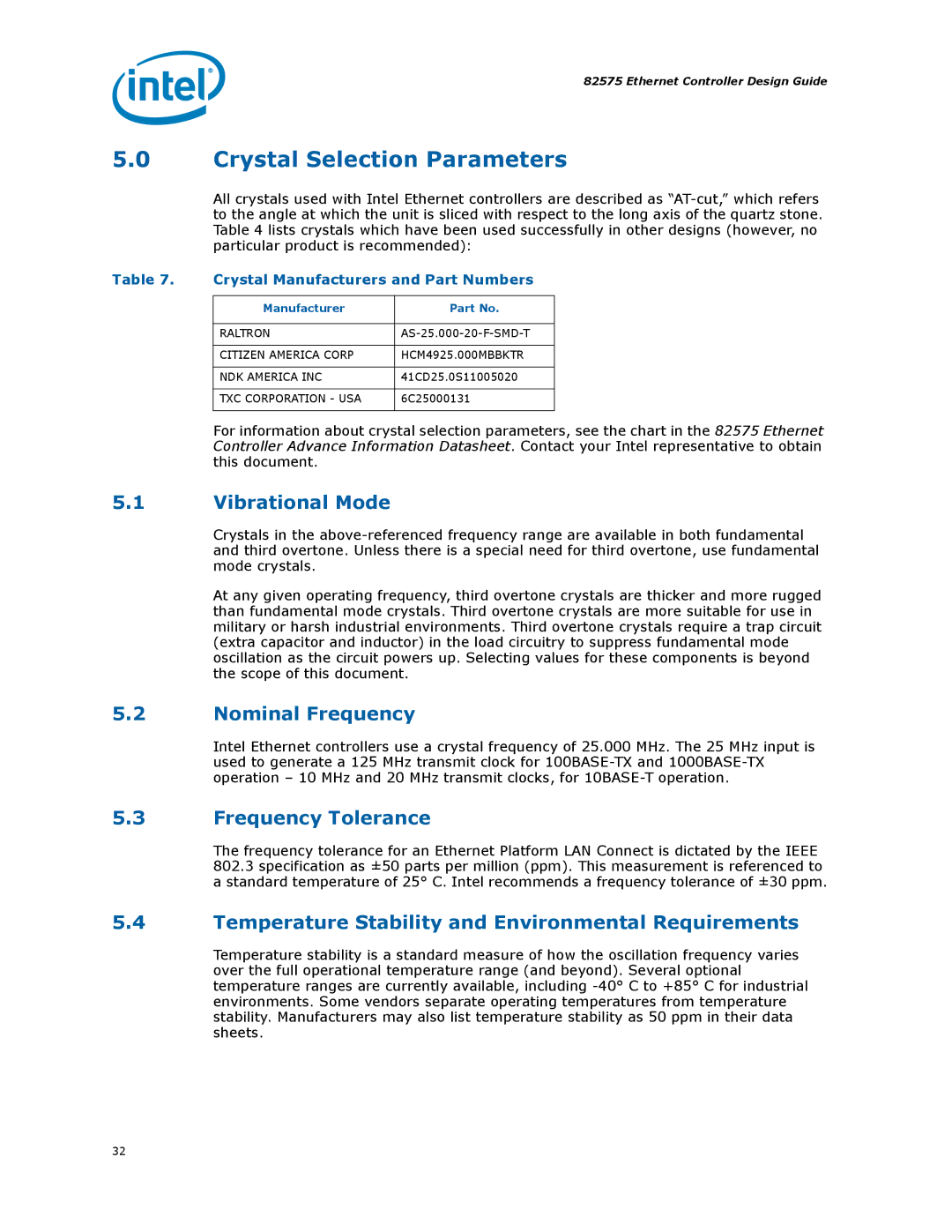 Intel 317698-001 manual Crystal Selection Parameters, Vibrational Mode, Nominal Frequency, Frequency Tolerance 