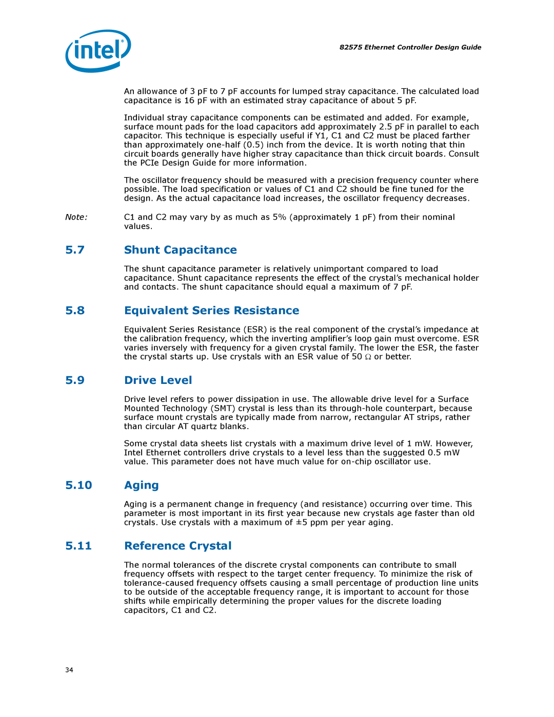Intel 317698-001 manual Shunt Capacitance, Equivalent Series Resistance, Drive Level, Aging, Reference Crystal 