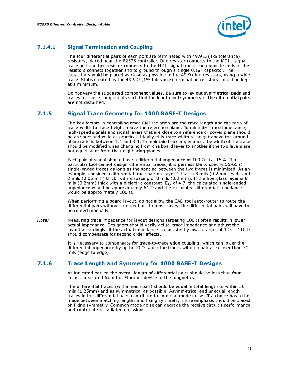 Intel 317698-001 manual Signal Trace Geometry for 1000 BASE-T Designs, Trace Length and Symmetry for 1000 BASE-T Designs 