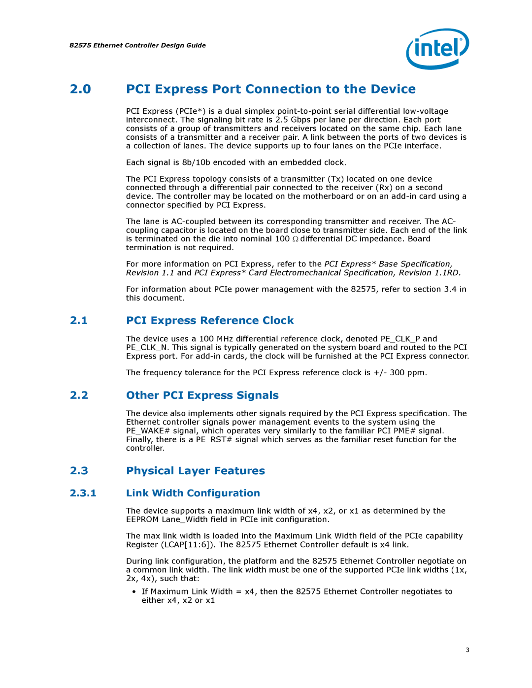 Intel 317698-001 manual PCI Express Port Connection to the Device, PCI Express Reference Clock, Other PCI Express Signals 