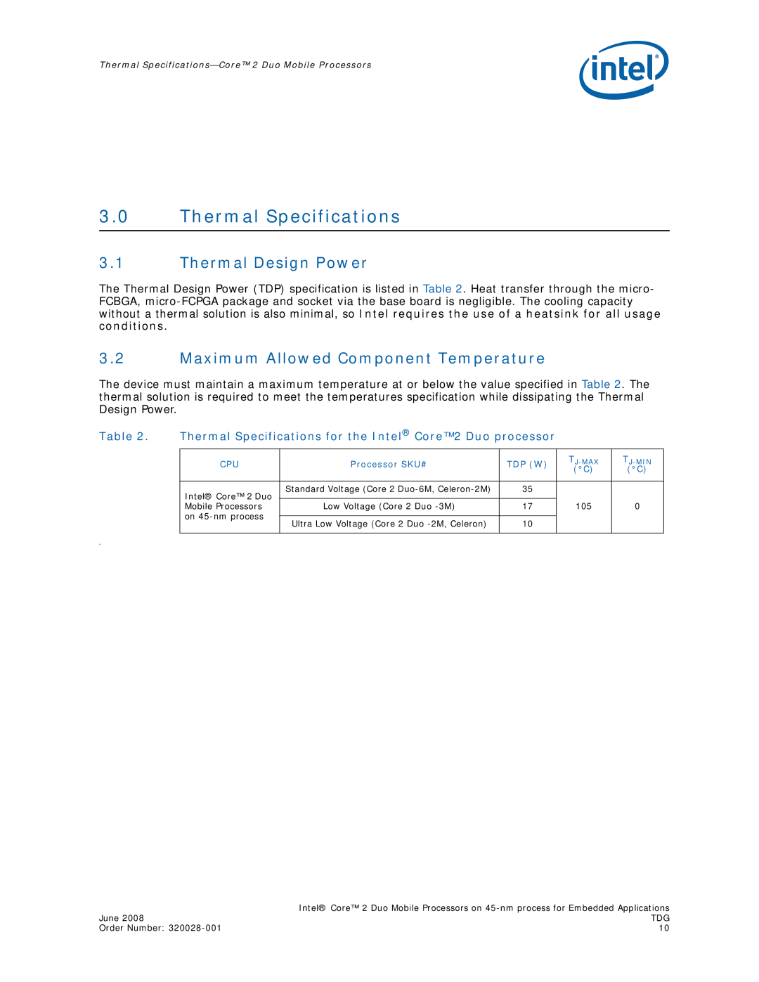 Intel 320028-001 manual Thermal Specifications, Thermal Design Power, Maximum Allowed Component Temperature 