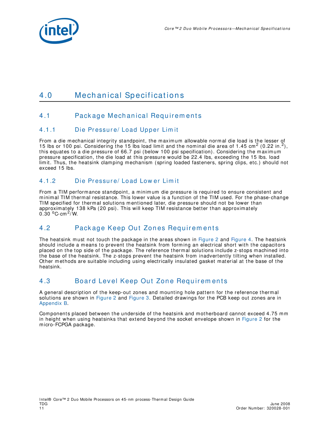 Intel 320028-001 manual Mechanical Specifications, Package Mechanical Requirements, Package Keep Out Zones Requirements 