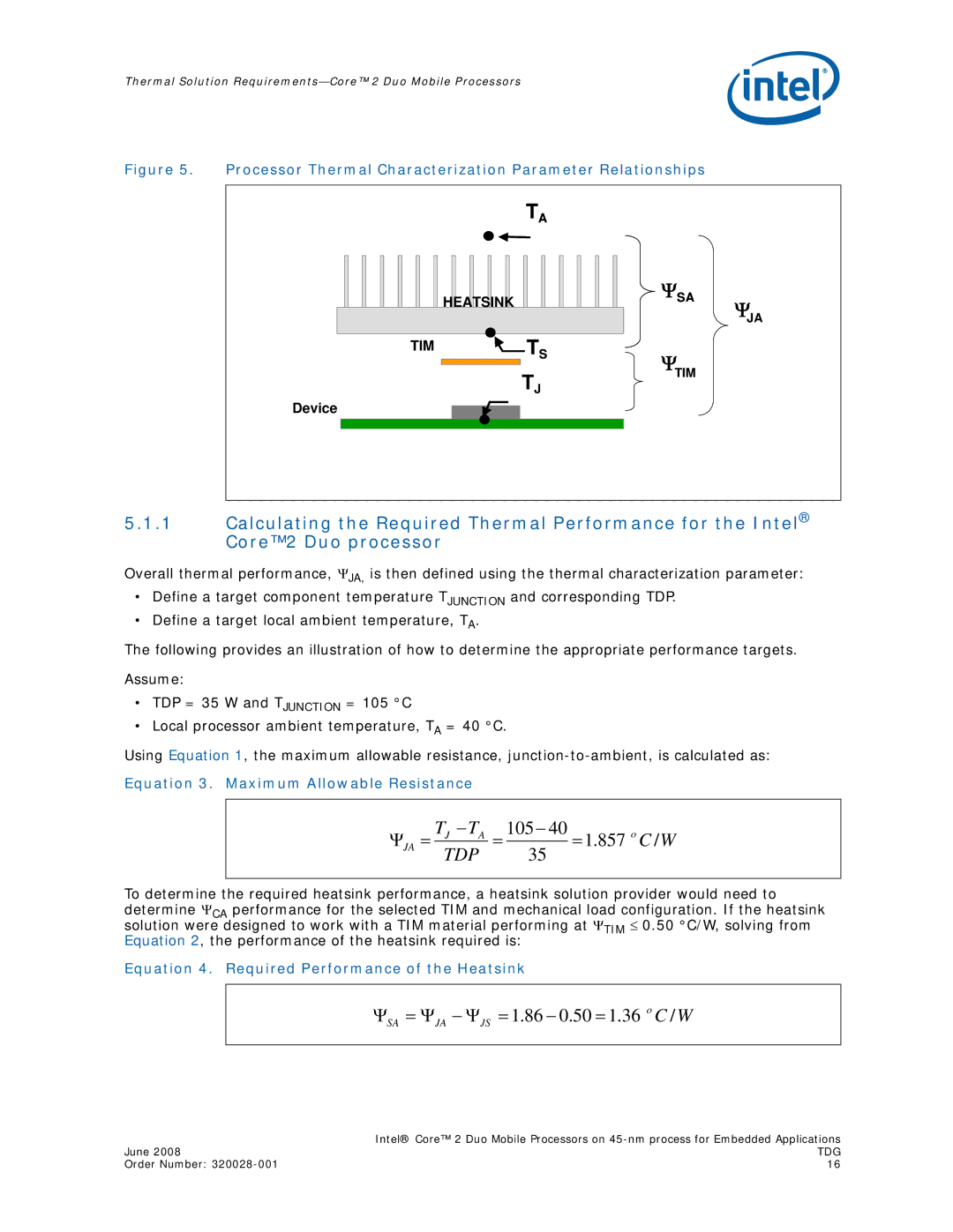 Intel 320028-001 manual Equation 3. Maximum Allowable Resistance, Equation 4. Required Performance of the Heatsink 