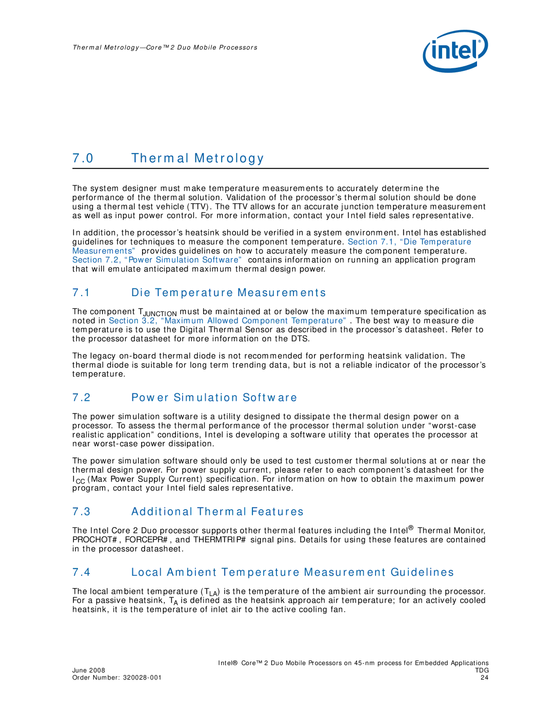 Intel 320028-001 Thermal Metrology, Die Temperature Measurements, Power Simulation Software, Additional Thermal Features 