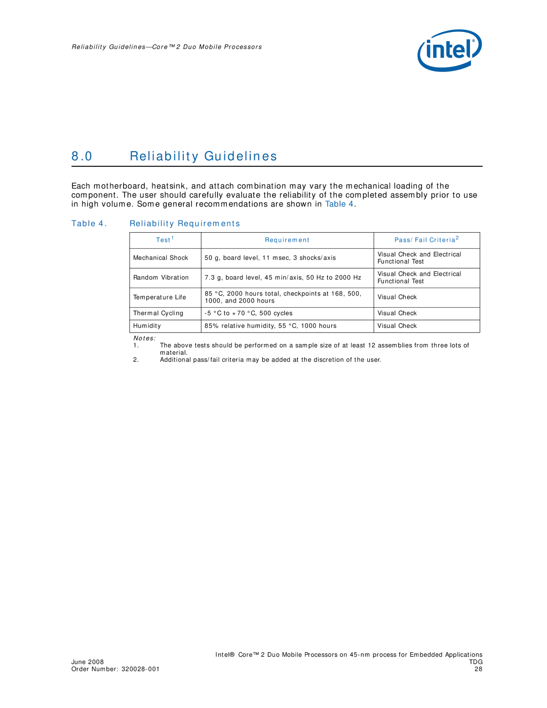 Intel 320028-001 manual Reliability Guidelines, Reliability Requirements 