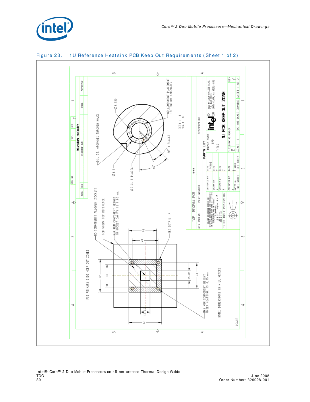 Intel 320028-001 manual Reference Heatsink PCB Keep Out Requirements Sheet 1 