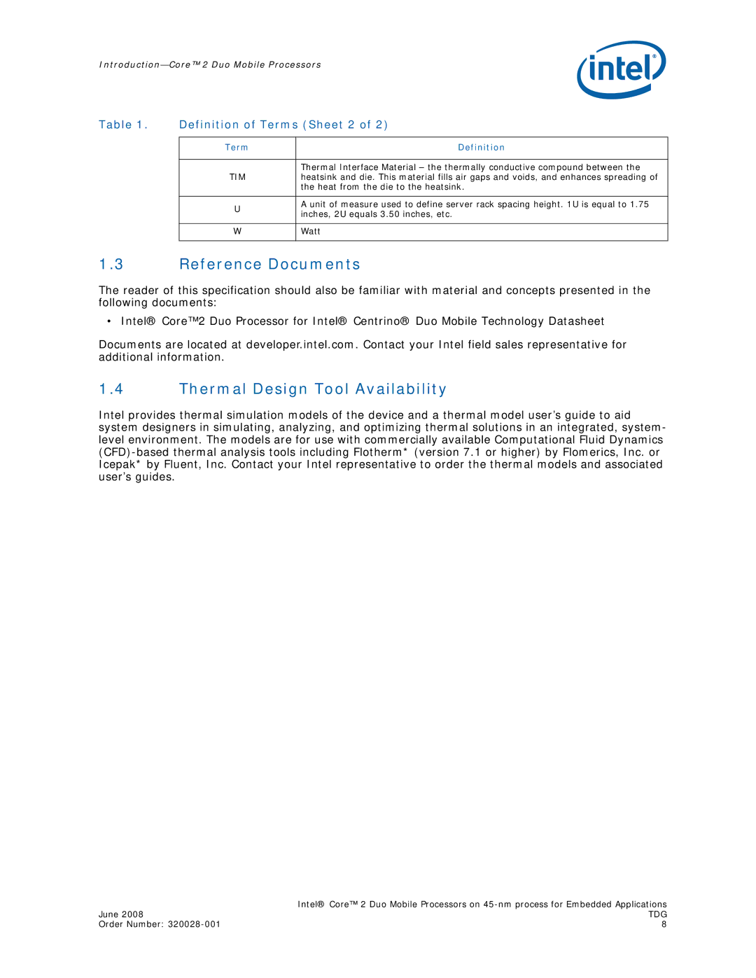 Intel 320028-001 manual Reference Documents, Thermal Design Tool Availability, Definition of Terms Sheet 2 