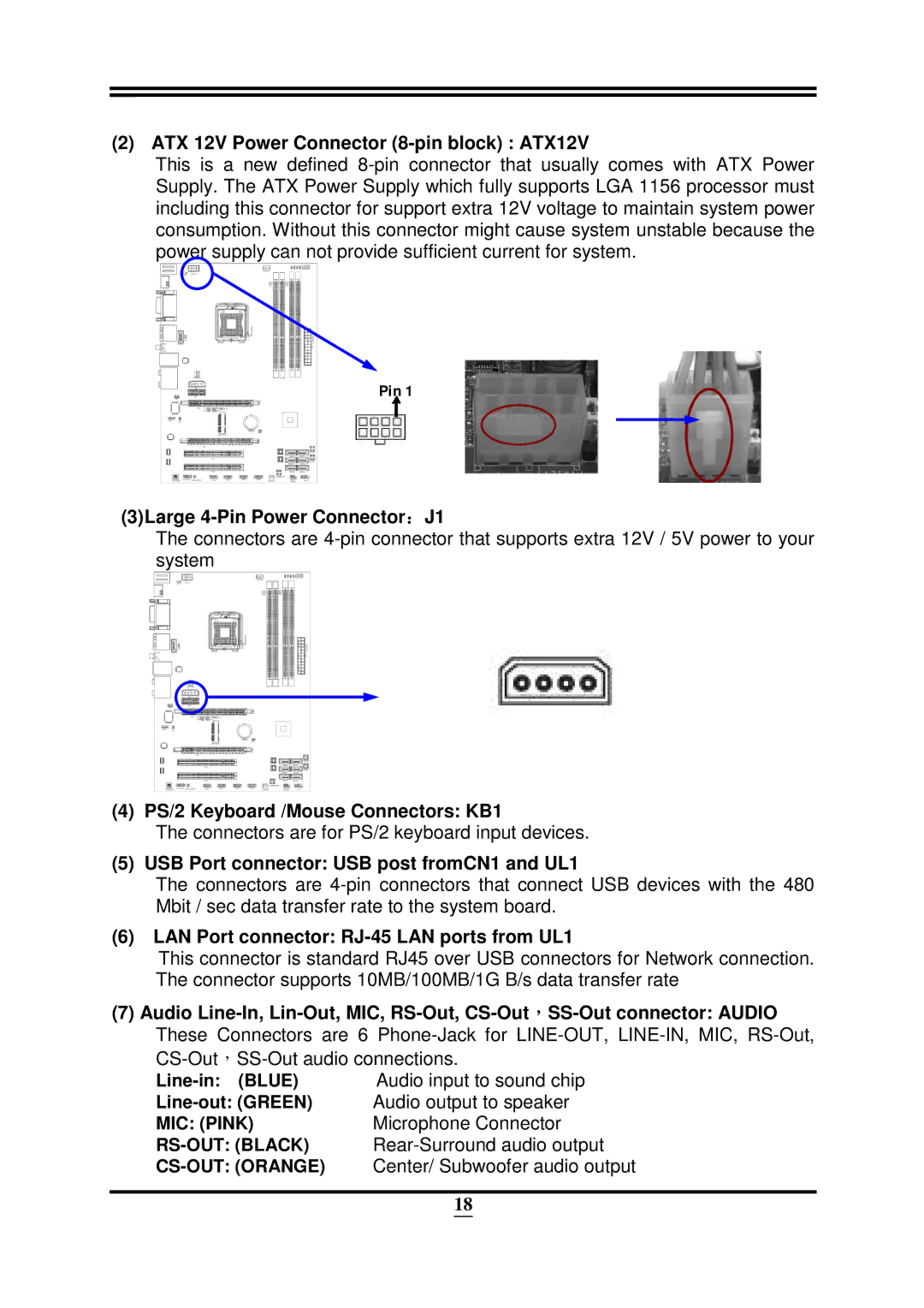 Intel 32882 user manual ATX 12V Power Connector 8-pin block ATX12V, 3Large 4-Pin Power Connector：J1 