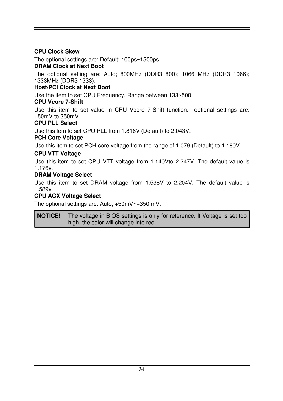 Intel 32882 CPU Clock Skew, Dram Clock at Next Boot, Host/PCI Clock at Next Boot, CPU Vcore 7-Shift, CPU PLL Select 