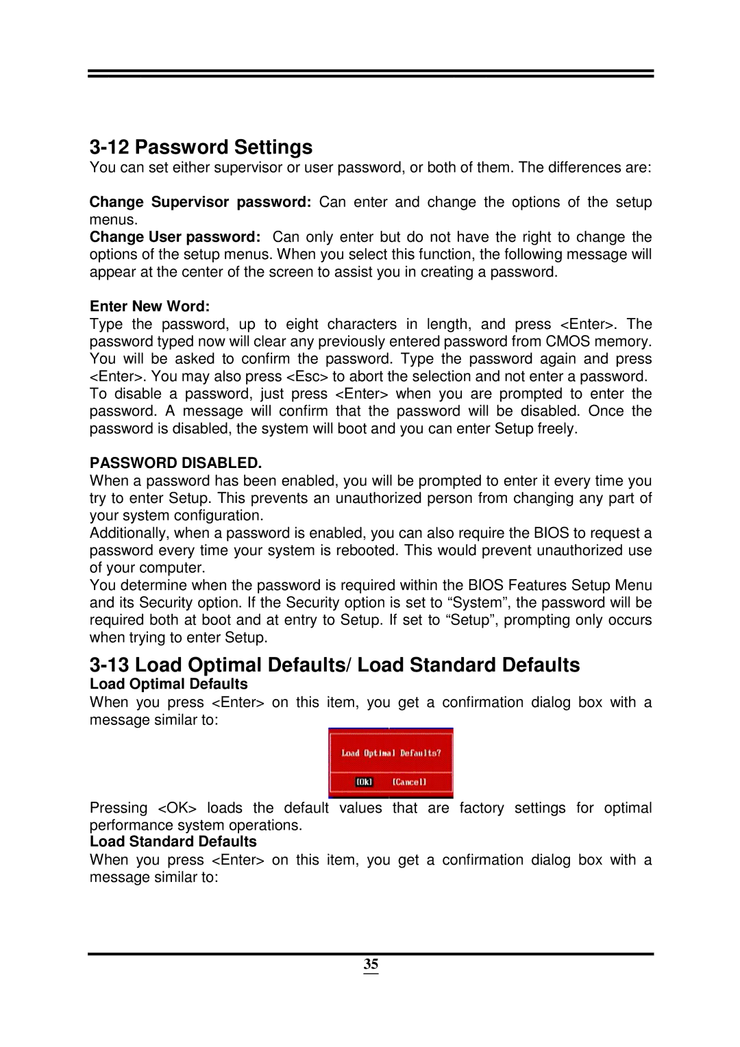 Intel 32882 user manual Password Settings, Load Optimal Defaults/ Load Standard Defaults, Enter New Word 