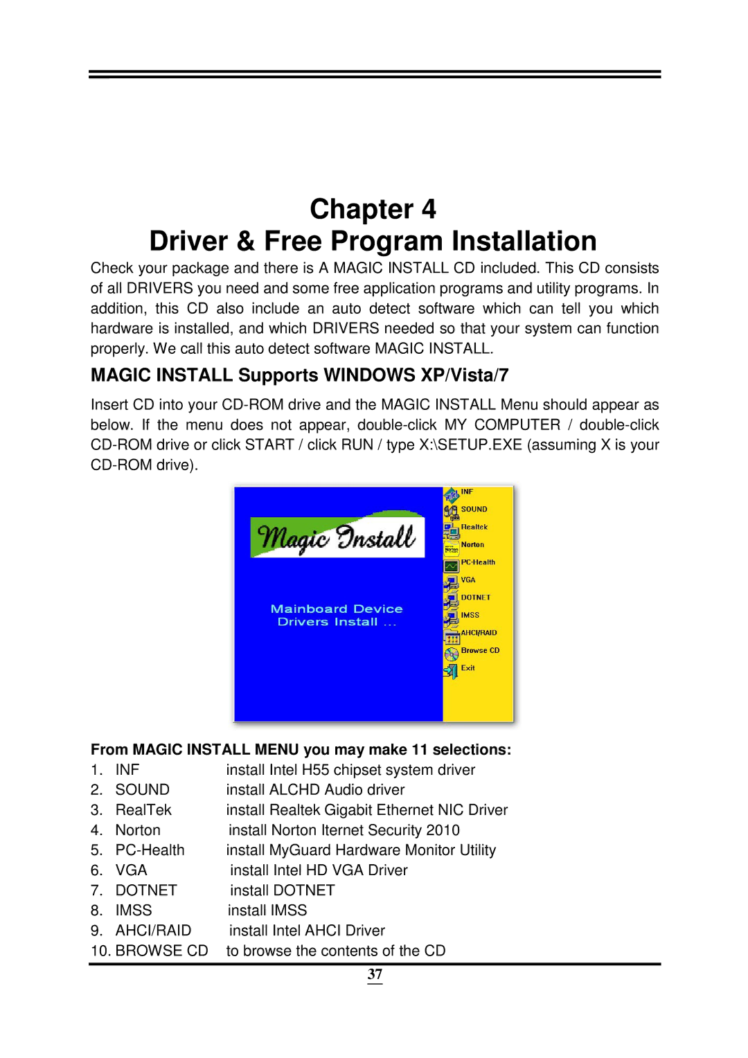 Intel 32882 user manual Chapter Driver & Free Program Installation, From Magic Install Menu you may make 11 selections 