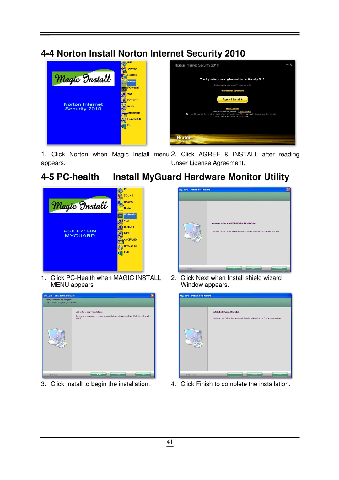 Intel 32882 user manual Norton Install Norton Internet Security, PC-health Install MyGuard Hardware Monitor Utility 