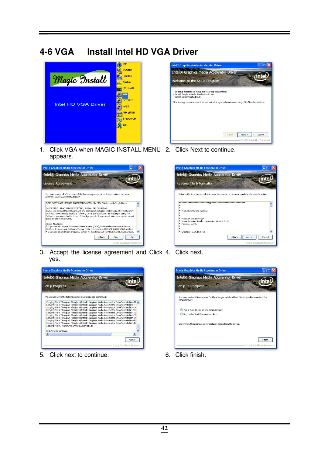 Intel 32882 user manual VGA Install Intel HD VGA Driver 