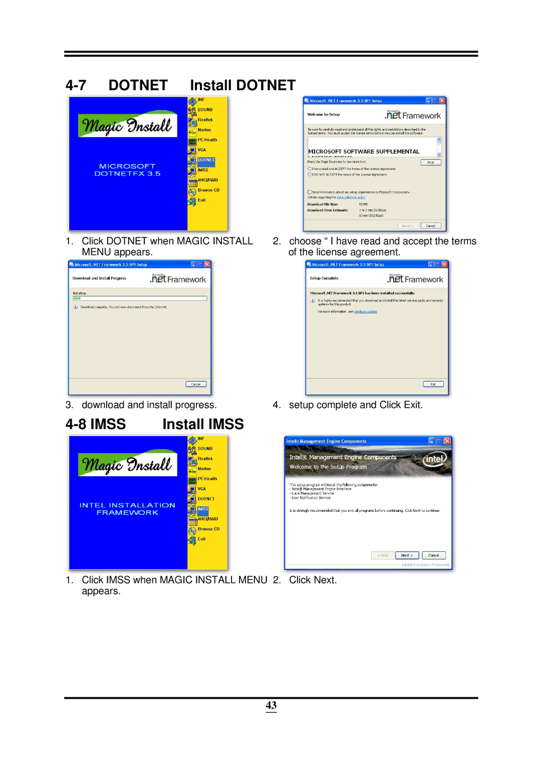 Intel 32882 user manual Dotnet Install Dotnet, Imss Install Imss 