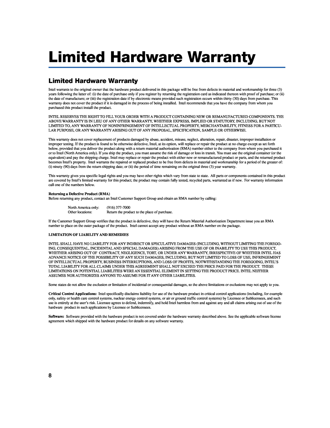 Intel 330T quick start Limited Hardware Warranty, Returning a Defective Product RMA, Limitation Of Liability And Remedies 